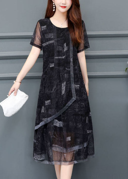 Women Black O-Neck Print Chiffon Holiday Dress Summer