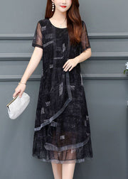 Women Black O-Neck Print Chiffon Holiday Dress Summer