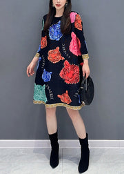 Women Black O Neck Print Cotton Mid Dress Spring