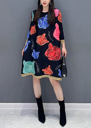 Women Black O Neck Print Cotton Mid Dress Spring