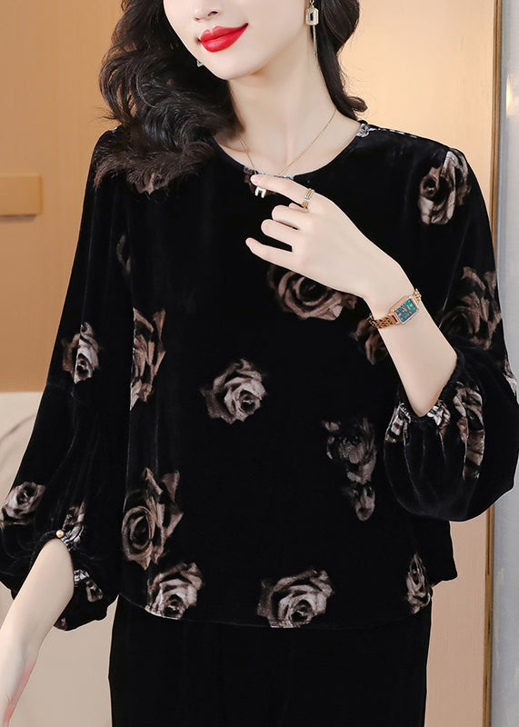 Women Black O Neck Print Velour Tops Lantern Sleeve