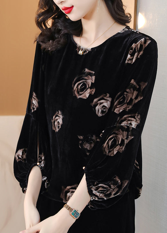 Women Black O Neck Print Velour Tops Lantern Sleeve