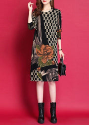 Women Black O-Neck Print Woolen Knitwear Dress Fall