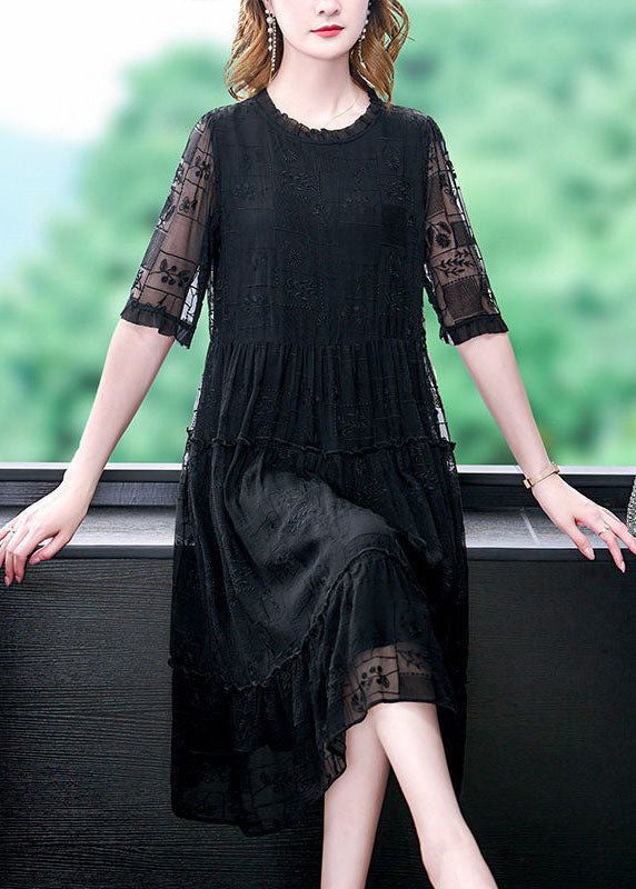 Women Black O-Neck Ruffled Embroideried Silk Long Dresses Summer