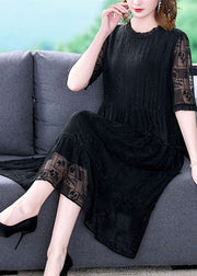 Women Black O-Neck Ruffled Embroideried Silk Long Dresses Summer