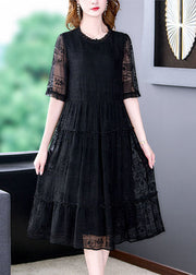 Women Black O-Neck Ruffled Embroideried Silk Long Dresses Summer