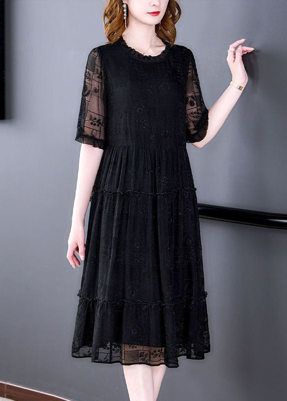 Women Black O-Neck Ruffled Embroideried Silk Long Dresses Summer