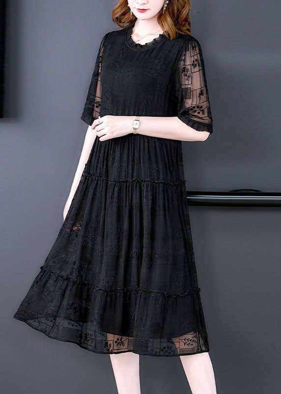 Women Black O-Neck Ruffled Embroideried Silk Long Dresses Summer