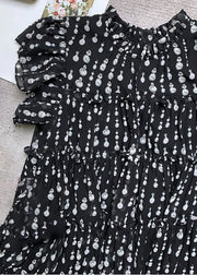 Women Black O-Neck Ruffled Patchwork Dot Print Long Dress Short Sleeve