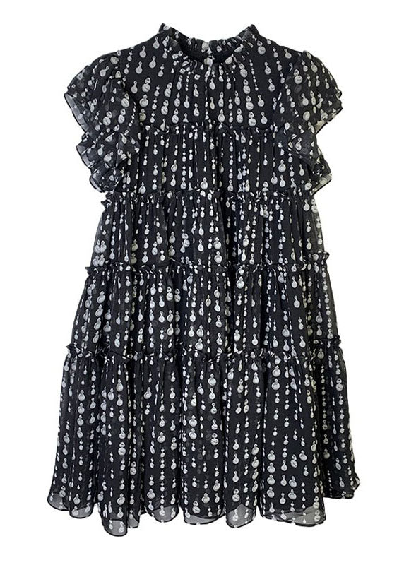 Women Black O-Neck Ruffled Patchwork Dot Print Long Dress Short Sleeve