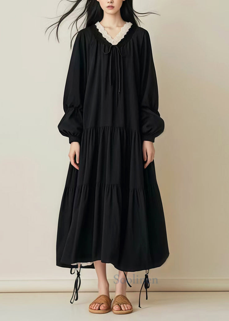 Women Black Oversized Drawstring Cotton Long Dress Spring