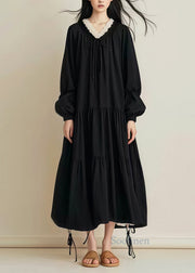 Women Black Oversized Drawstring Cotton Long Dress Spring