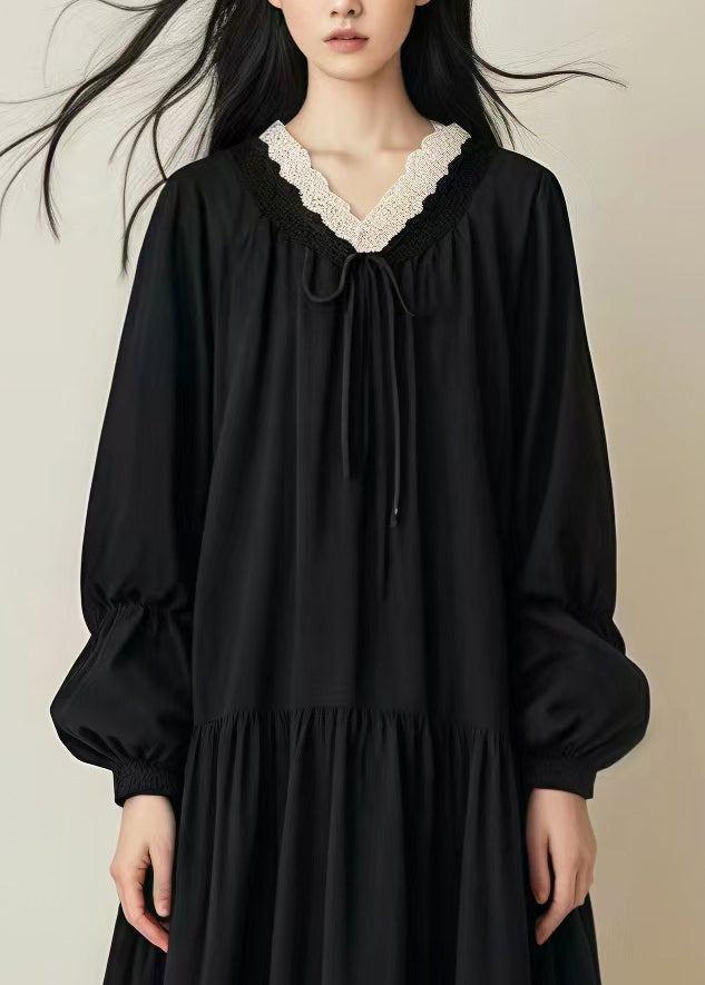 Women Black Oversized Drawstring Cotton Long Dress Spring