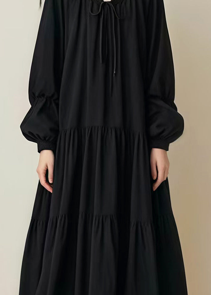 Women Black Oversized Drawstring Cotton Long Dress Spring