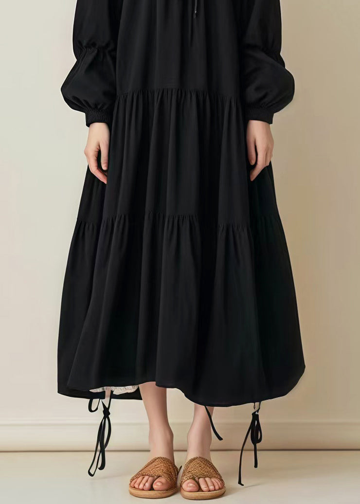 Women Black Oversized Drawstring Cotton Long Dress Spring