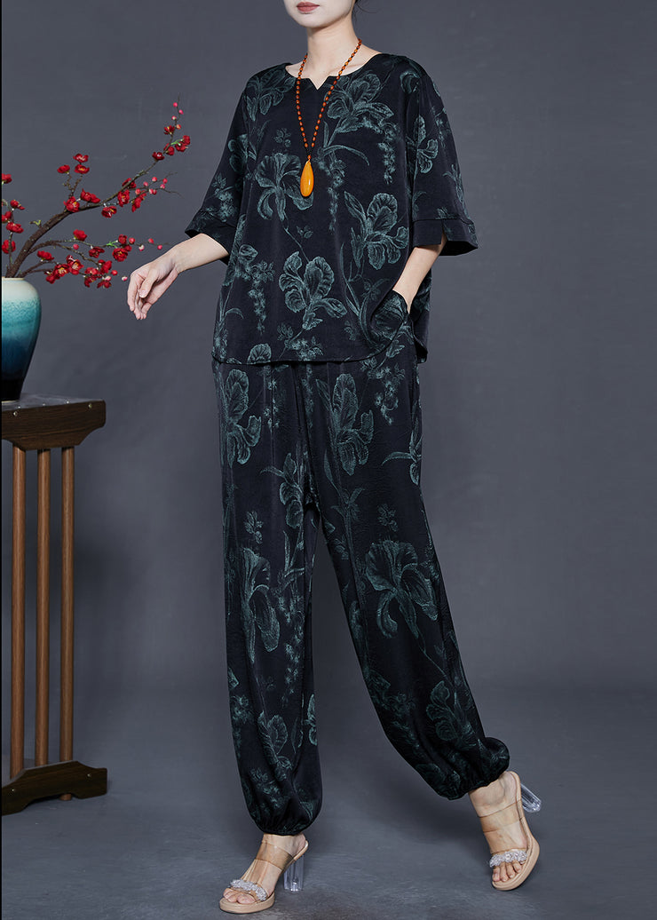 Women Black Oversized Lily Print Silk Two Pieces Set Summer