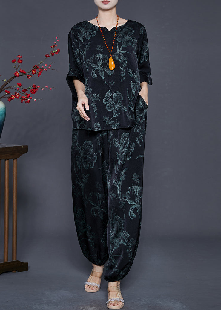 Women Black Oversized Lily Print Silk Two Pieces Set Summer