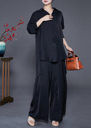 Women Black Oversized Low High Design Draping Chiffon Two Pieces Set Summer