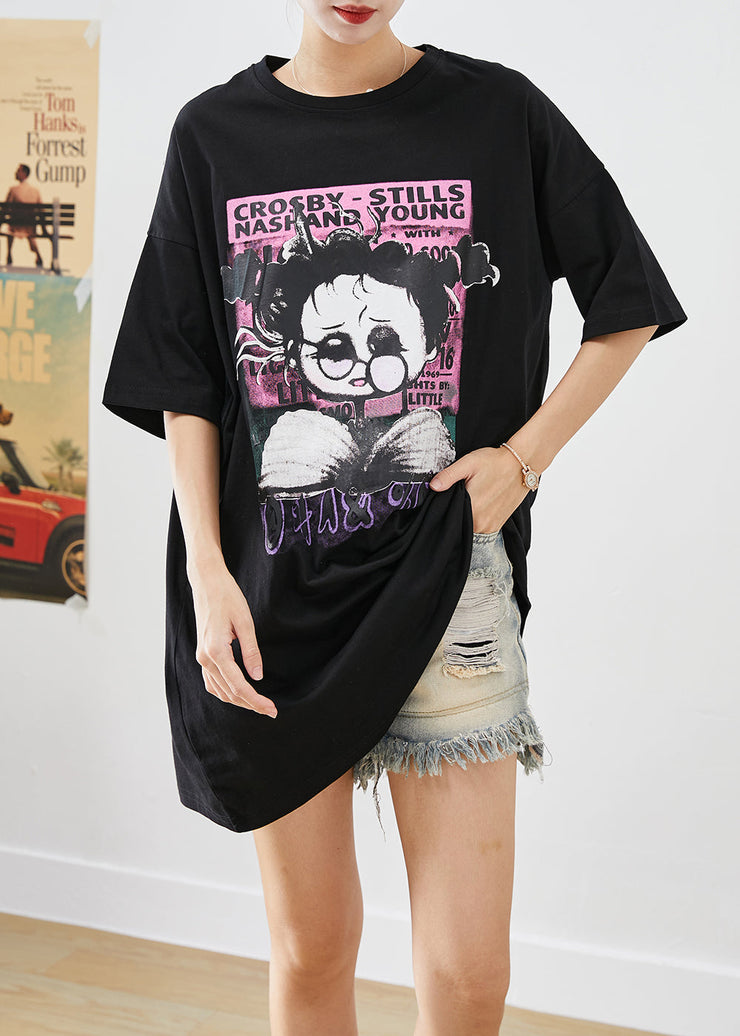 Women Black Oversized Original Design Print Cotton Tanks Summer