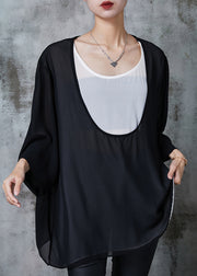 Women Black Oversized Patchwork Chiffon Sweatshirts Top Summer