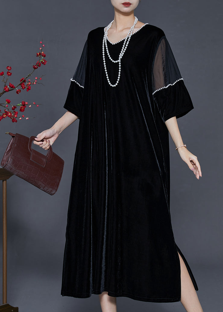 Women Black Oversized Patchwork Nail Bead Silk Velvet Dress Spring