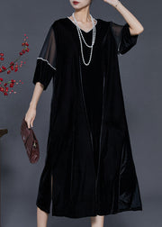 Women Black Oversized Patchwork Nail Bead Silk Velvet Dress Spring