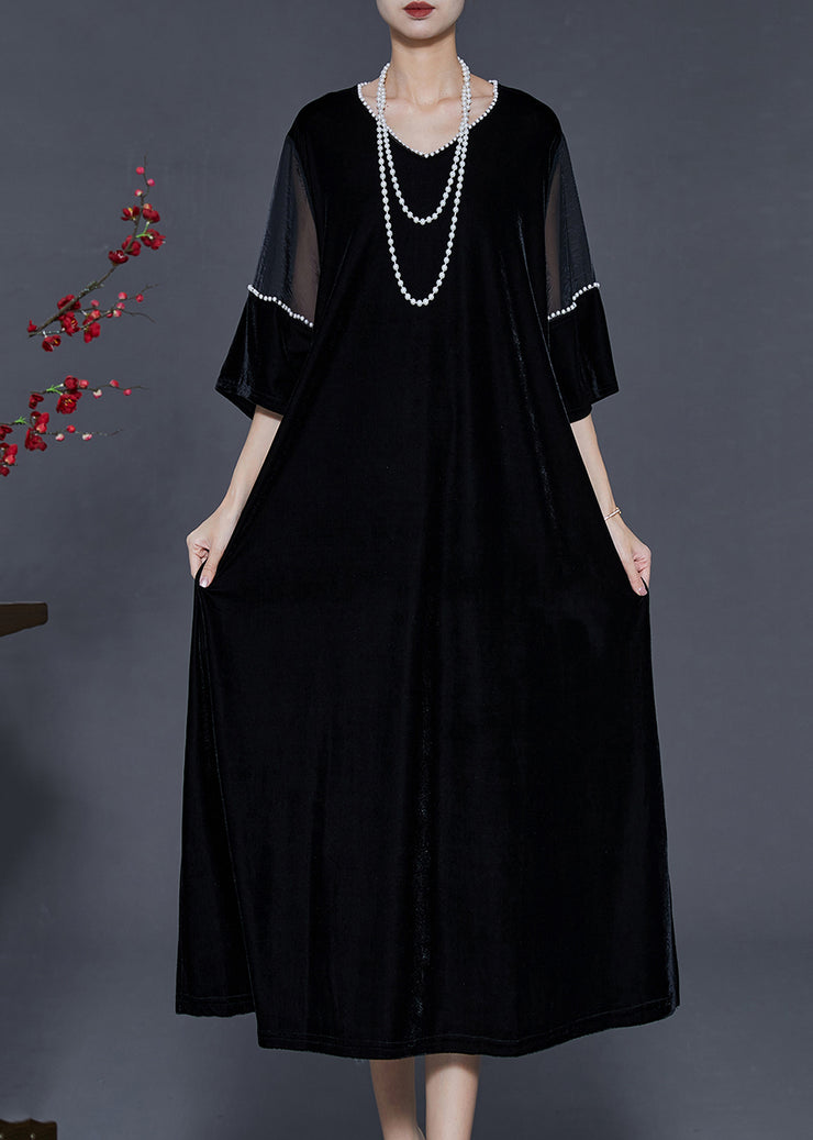 Women Black Oversized Patchwork Nail Bead Silk Velvet Dress Spring