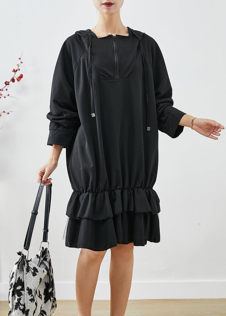 Women Black Oversized Patchwork Ruffles Cotton Dress Fall