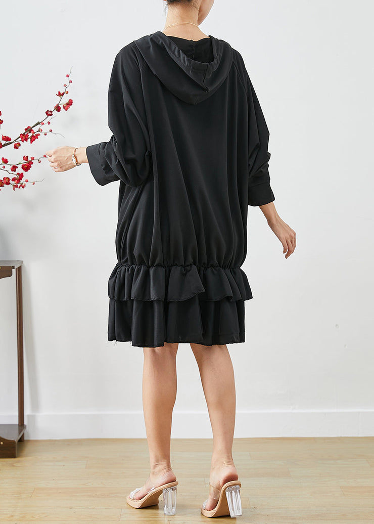 Women Black Oversized Patchwork Ruffles Cotton Dress Fall