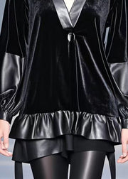 Women Black Oversized Patchwork Silk Velour Top Fall