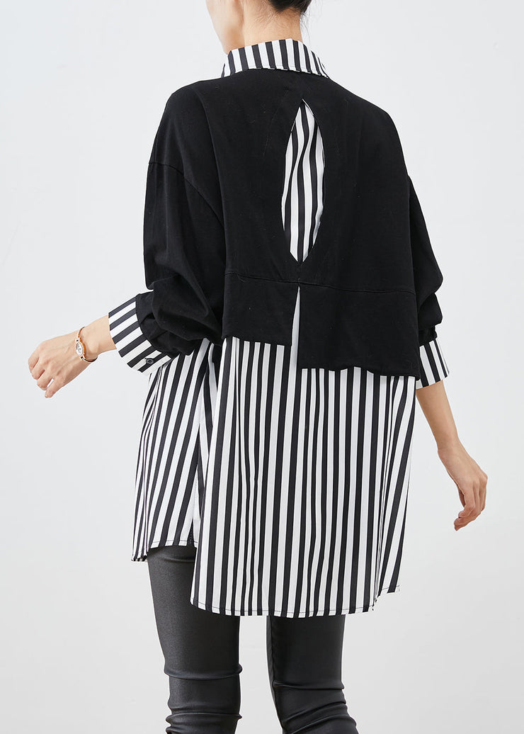 Women Black Oversized Patchwork Striped Cotton Sweatshirts Top Fall