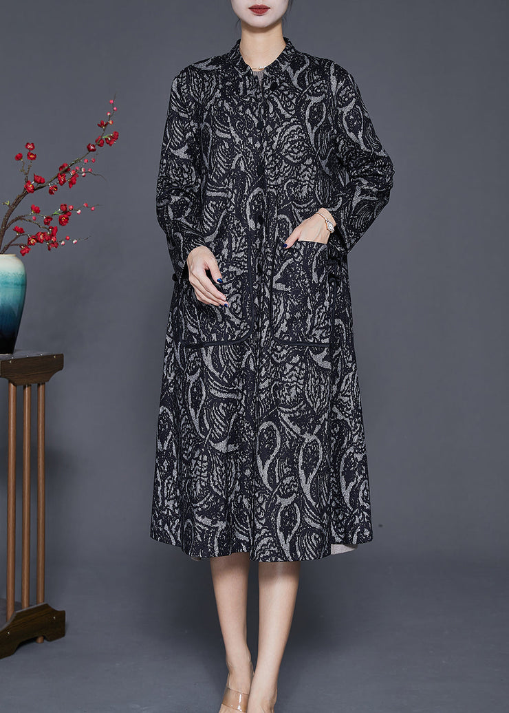 Women Black Oversized Print Cotton Trench Coats Fall