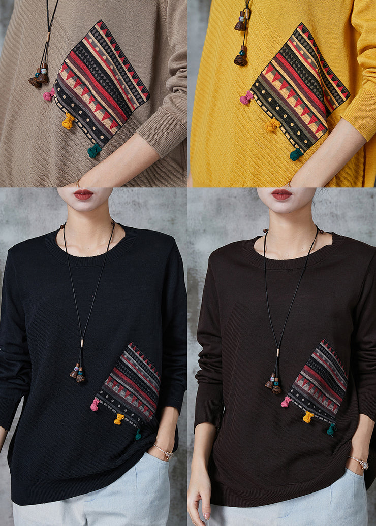 Women Black Patchwork Applique Knit Pullover Spring