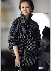 Women Black Peter Pan Collar Asymmetrical Striped Button Low High Design Cotton Shirt Long Sleeve