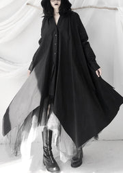 Women Black Peter Pan Collar Asymmetrical Tie Waist Long Shirts Dress Long Sleeve