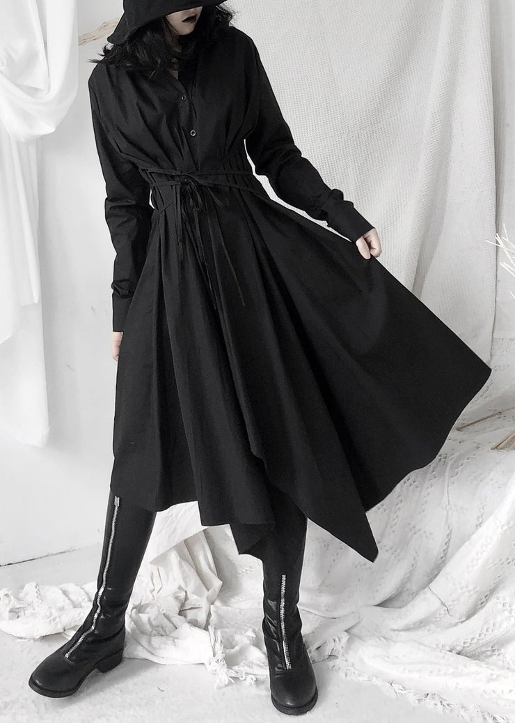 Women Black Peter Pan Collar Asymmetrical Tie Waist Long Shirts Dress Long Sleeve