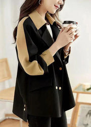 Women Black Peter Pan Collar Button Patchwork Cotton Coat Fall