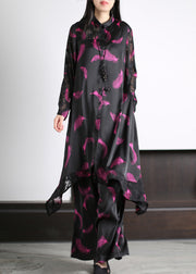 Women Black Peter Pan Collar Button Silk Maxi Shirts And Wide Leg Pants Two Piece Set Spring