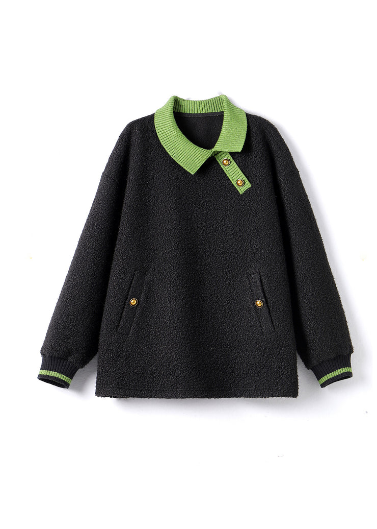 Women Black Peter Pan Collar Faux Fur Pullover Sweatshirt Fall