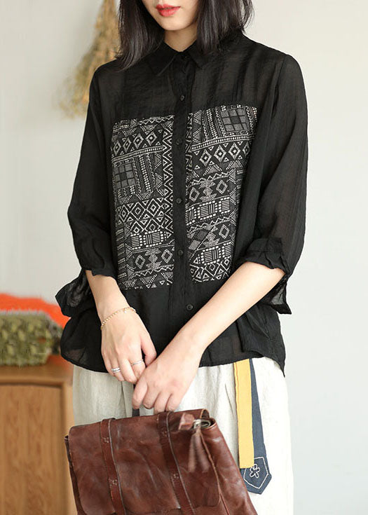 Women Black Peter Pan Collar Geometric Patchwork Linen Blouse Top Bracelet Sleeve