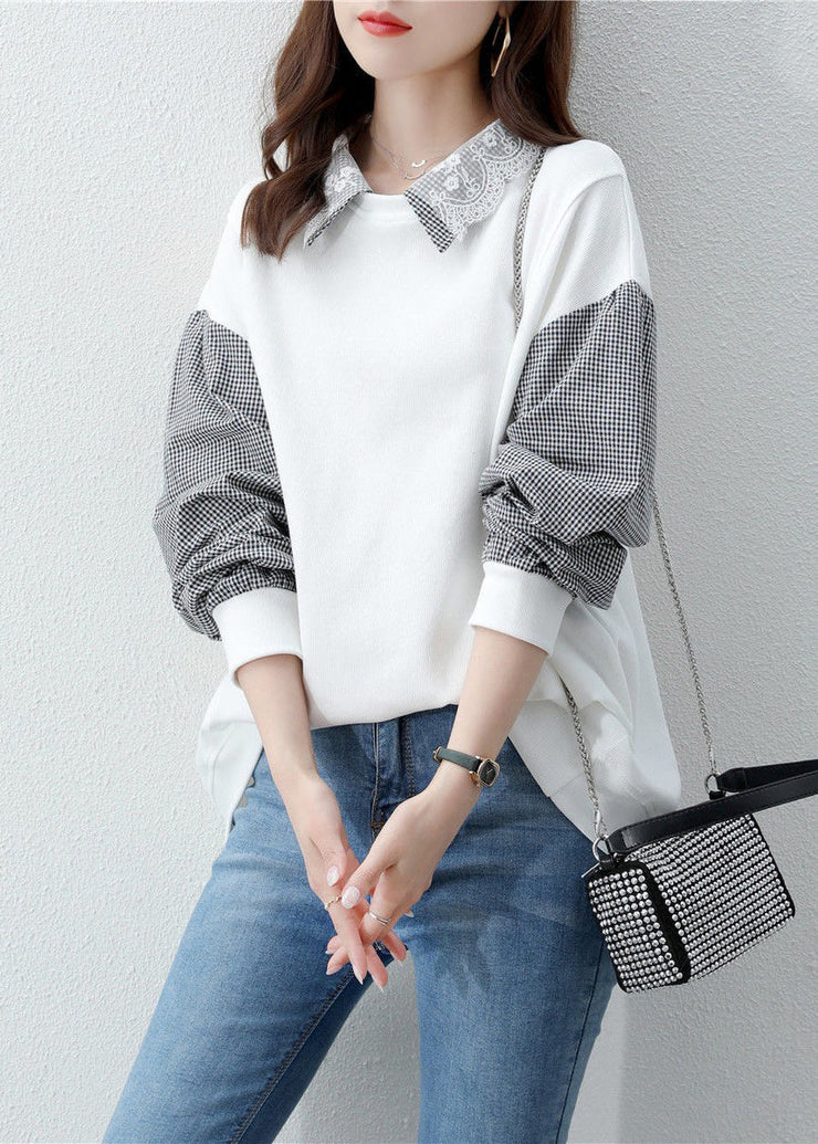 Women Black Peter Pan Collar Patchwork False Two Pieces Cotton Sweatshirt Fall