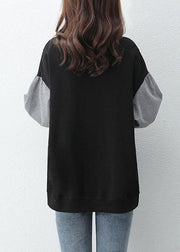 Women Black Peter Pan Collar Patchwork False Two Pieces Cotton Sweatshirt Fall