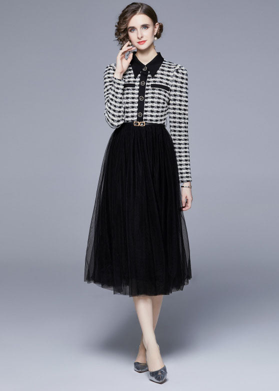 Women Black Peter Pan Collar Patchwork Tulle Cinch Dress Spring