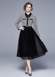 Women Black Peter Pan Collar Patchwork Tulle Cinch Dress Spring