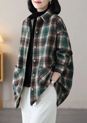 Women Black Peter Pan Collar Plaid Pockets Patchwork Warm Fleece Thick Shirts Winter