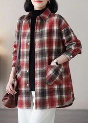 Women Black Peter Pan Collar Plaid Pockets Patchwork Warm Fleece Thick Shirts Winter