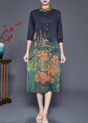 Women Black Peter Pan Collar Print Slim Fit Dress Fall