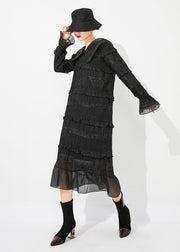 Women Black Peter Pan Collar Ruffled Patchwork Wrinkled Long Dress Spring