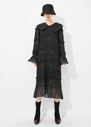 Women Black Peter Pan Collar Ruffled Patchwork Wrinkled Long Dress Spring