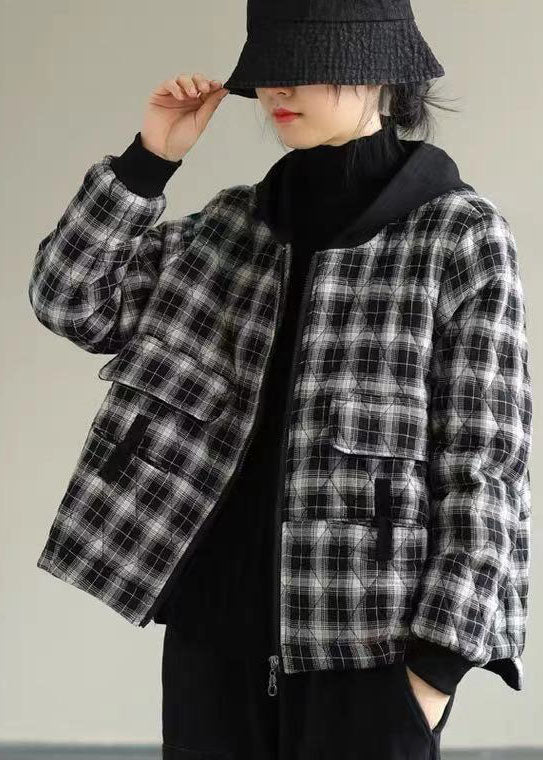 Women Black Plaid Hooded Fine Cotton Filled Puffers Jackets Winter